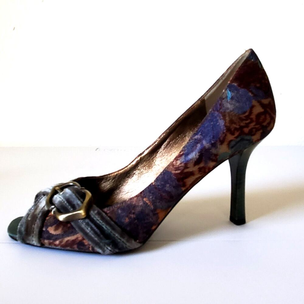 Nine West Womens 8.5 Clare Pumps Green Purple Brocade Velvet Peep Toe Heels